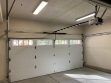 Interior view of the installed double CHI shaker-panel garage door in Danville