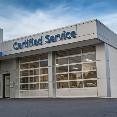 Aluminum full-view sectional doors on a commercial building