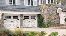 Amarr Classica Santiago garage door in True White and Gray with Madeira windows and Blue Ridge hardware