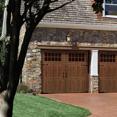 Amarr Classica carriage-house garage door in walnut
