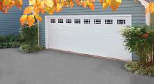 Amarr Heritage short panel garage door in True White with decorative window inserts