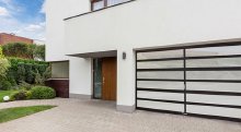 Amarr Horizon MultiView garage door in Black finish with Snow glass