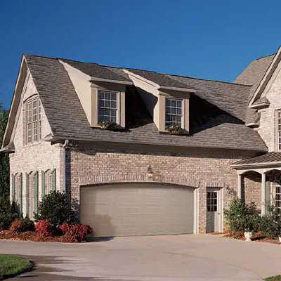 Amarr Lincoln long-panel sandtone steel double garage door