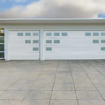 Amarr Lincoln flush-panel white garage doors with glass