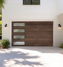 Amarr Northwoods Coffee plank garage door with horizontal window stack
