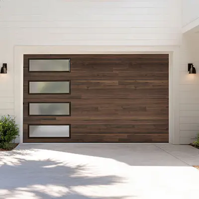 Amarr Northwoods Coffee plank garage door with horizontal windows