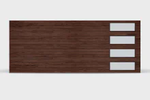 Mahogany CHI Planks garage door with vertically stacked windows shown against a white studio background