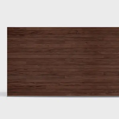 Mahogany CHI Planks garage door with vertically stacked windows shown against a white studio background