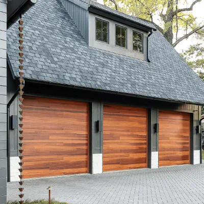 Cedar CHI Planks garage door on a modern home