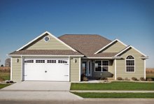 White C.H.I. stamped carriage house garage door with arched top windows and black strap hinges