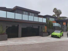 Black all-glass CHI Sterling garage doors on a modern home with a rooftop terrace